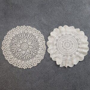 Lot of 2 Large VTG Hand Crocheted Doilies Cream, White Cottage Farmhouse Decor